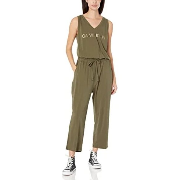 Calvin Klein Caper Green Logo V-Neck Sleeveless Jumpsuit Romper  size XL - Picture 1 of 16